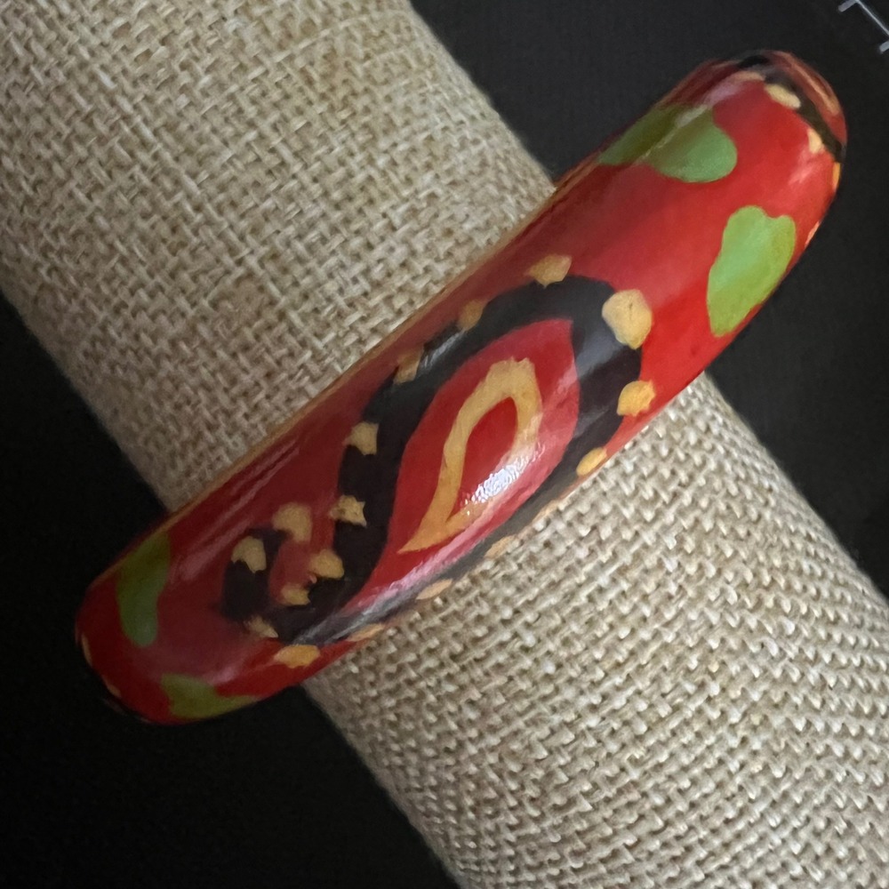 Vintage Hand Painted Red Paisley Wood Bangle Bracelet 2.5" Inner Diameter